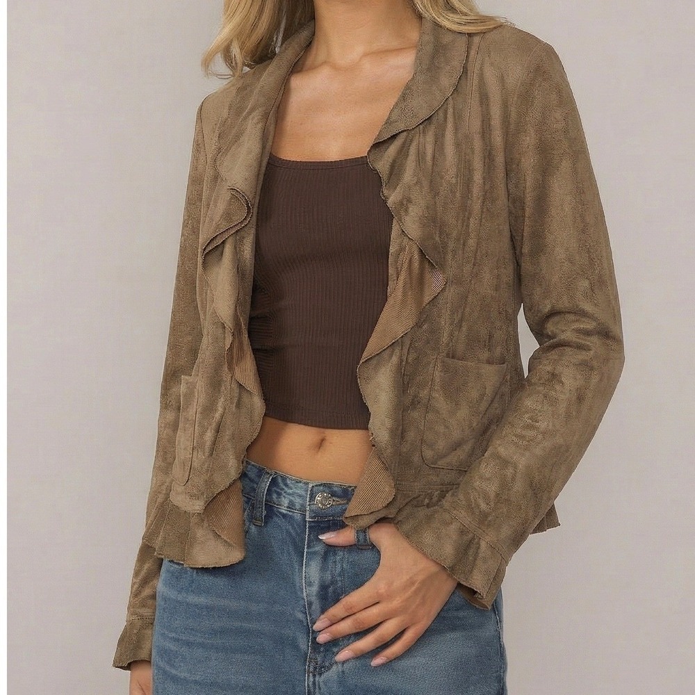 Y2K Rafael Faux Suede Ruffle Jacket Womens 12 Boho‎ Cropped Western Romantic